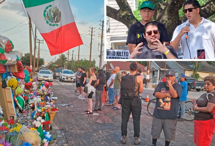 Människor vid en minnesstund för Lorenzo Salgado Araujo i ett mexikanskt område i östra Houston den 18 juli. På den infällda bilden syns hans son Ronaldo, som dagen därpå sa: ”Regeringen är rädd för att människor går samman”.